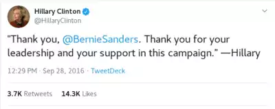 Clinton tweet thanking Sanders
